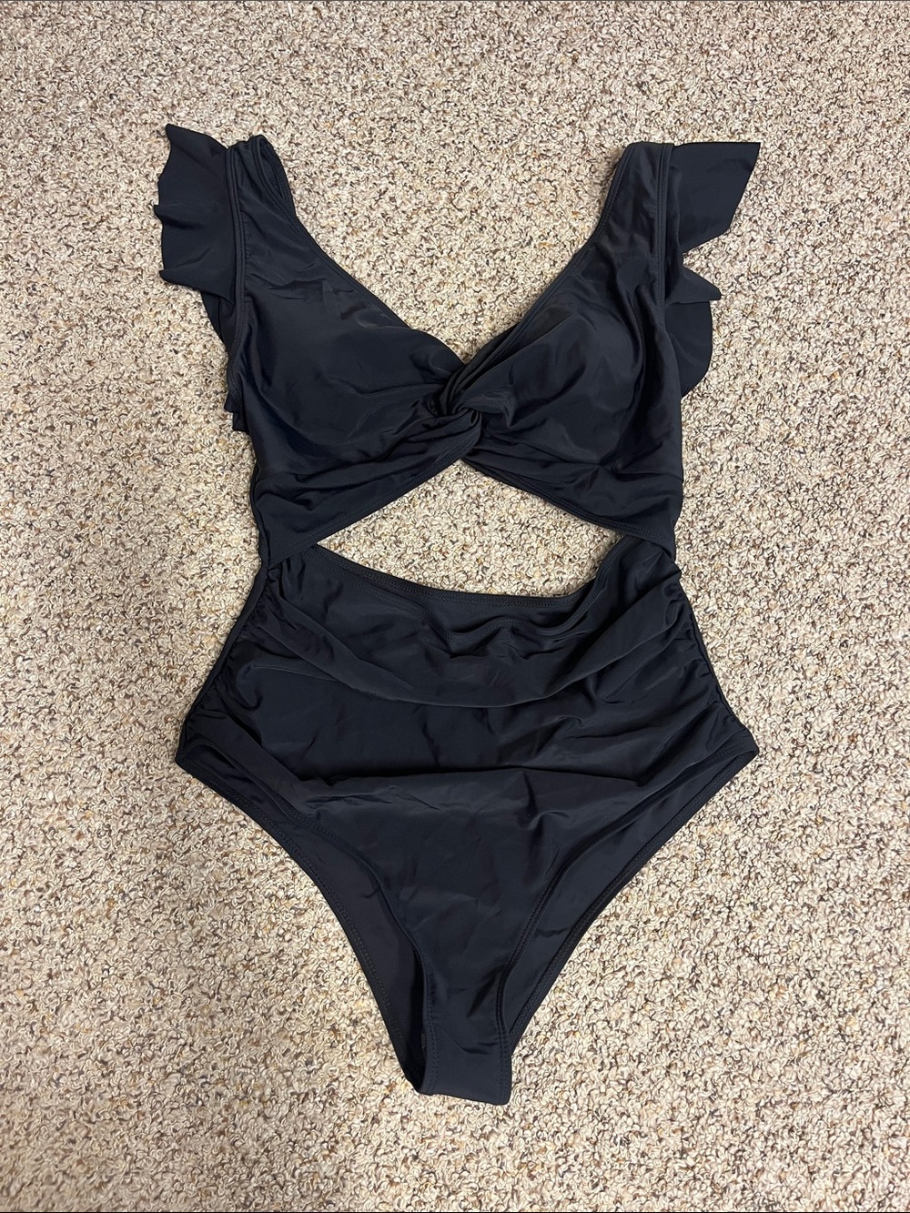 Source Unknown Black Twist-Front One-Piece Swimsuit with Ruffle Shoulder Straps